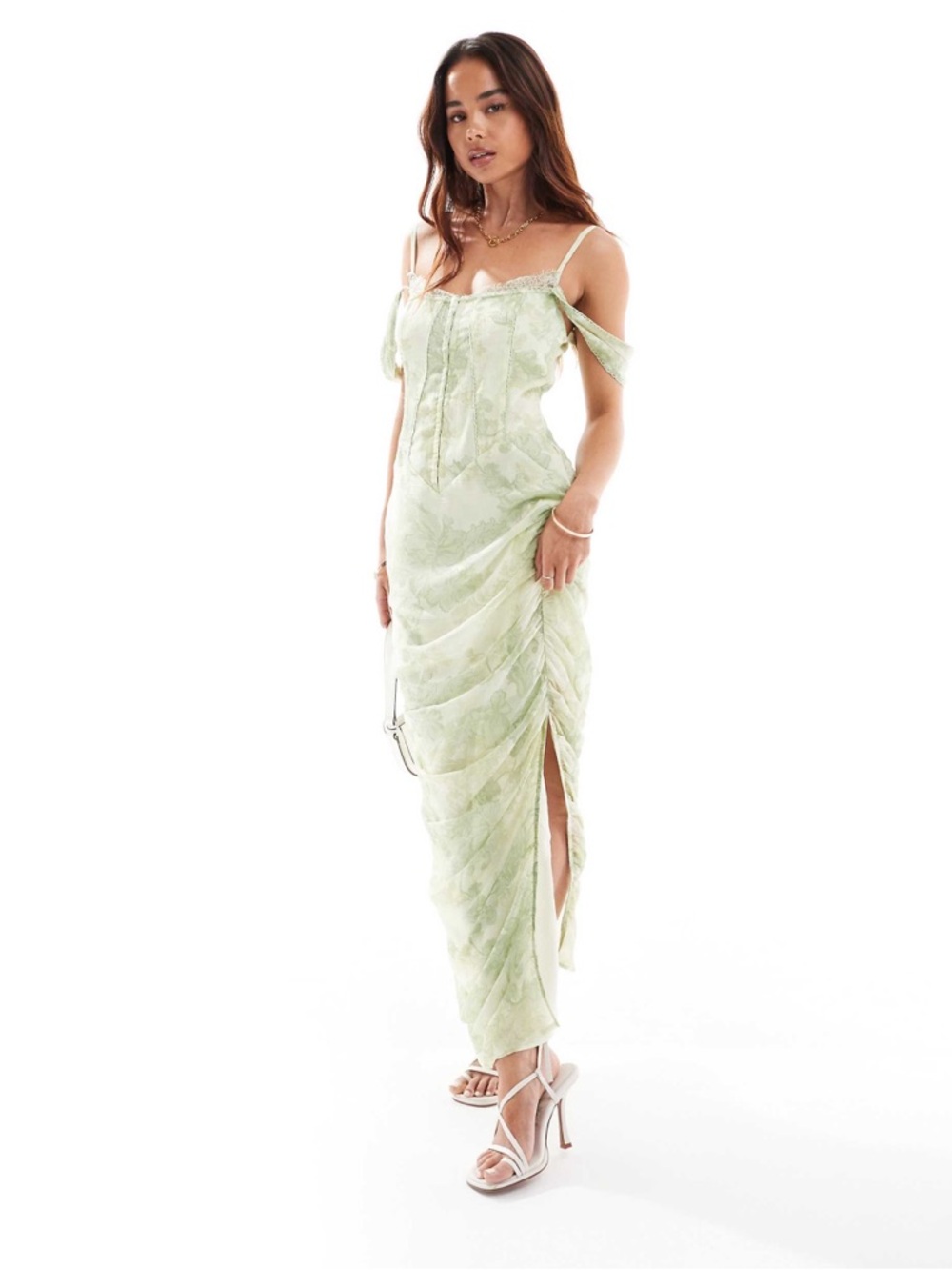 NWT ASOS corset lace chiffon mix milkmaid midi dress in sage floral print